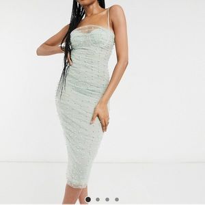 Sage green embellished midi dress